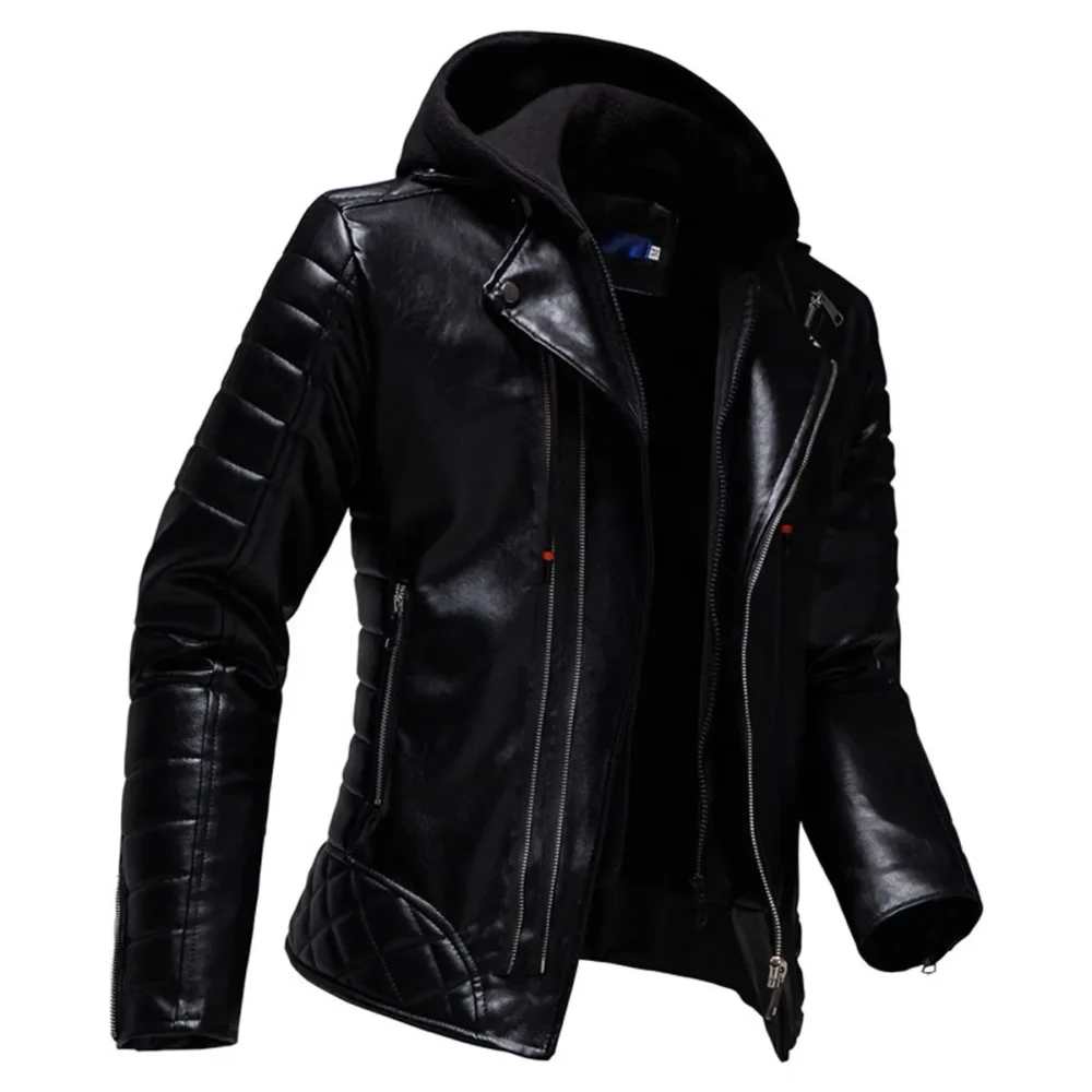 Black Biker Genuine Sheepskin Lapel Collar Hooded Motorcycle Rider Crossover Retro Quilted Asymmetric Leather Jacket - Image 3