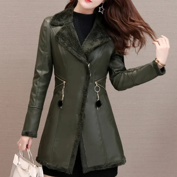 Womenâ€™s Green Genuine Sheepskin Lapel Collar Sherpa Shearling Faux Fur Lined Thick Warm Casual Classic Single Breasted Trench Style Leather Coat Jacket