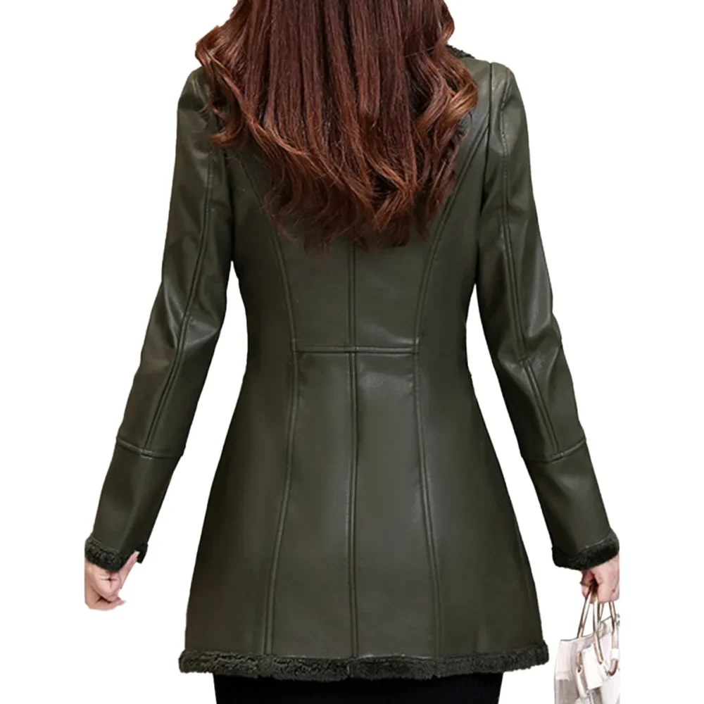 Womenâ€™s Green Genuine Sheepskin Lapel Collar Sherpa Shearling Faux Fur Lined Thick Warm Casual Classic Single Breasted Trench Style Leather Coat Jacket - Image 4