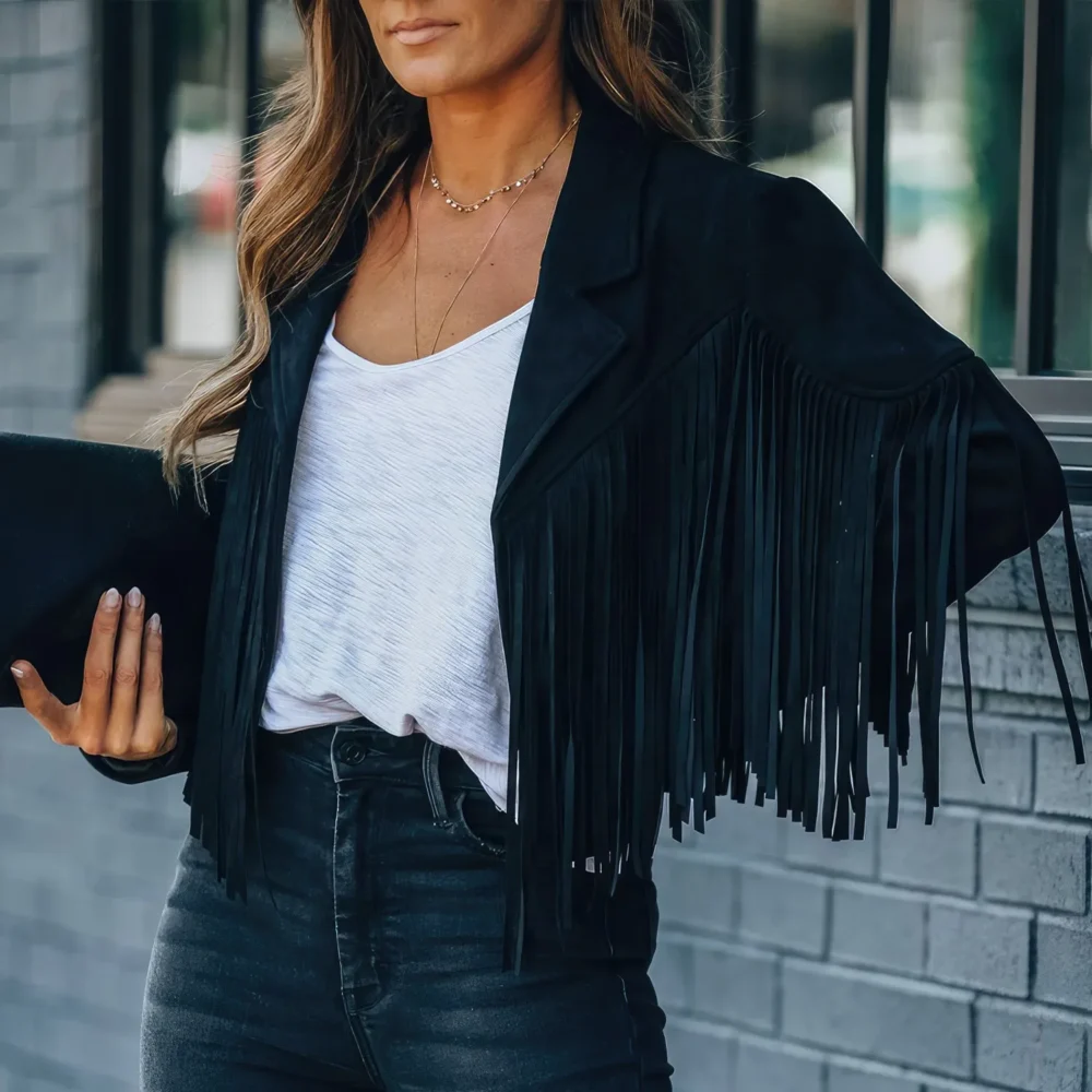 Womenâ€™s Black Genuine Suede Tassel Lapel Long Sleeve Motor Biker Native American Vintage Cropped Leather Jacket - Image 2
