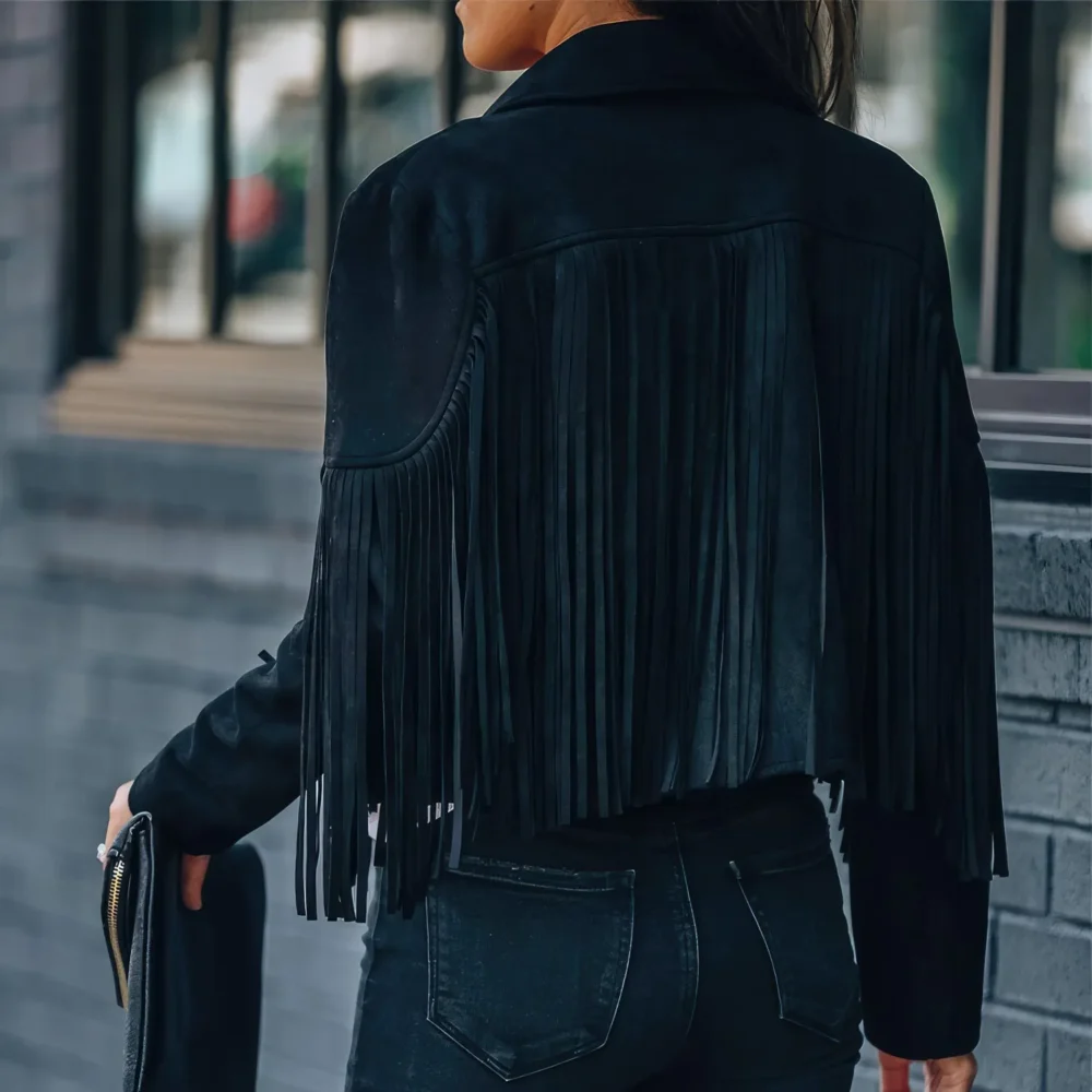 Womenâ€™s Black Genuine Suede Tassel Lapel Long Sleeve Motor Biker Native American Vintage Cropped Leather Jacket - Image 4