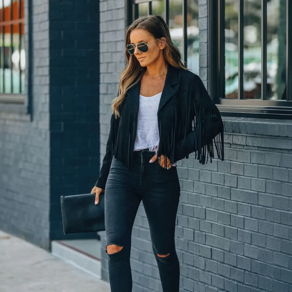 Womenâ€™s Black Genuine Suede Tassel Lapel Long Sleeve Motor Biker Native American Vintage Cropped Leather Jacket - Image 3
