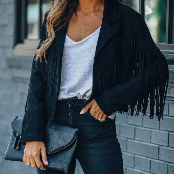 Womenâ€™s Black Genuine Suede Tassel Lapel Long Sleeve Motor Biker Native American Vintage Cropped Leather Jacket