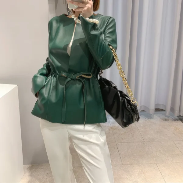 Womenâ€™s Green Genuine Sheepskin Round Neck Casual European Streetwear Top Fashion Pleated Simple Classic Leather Coat