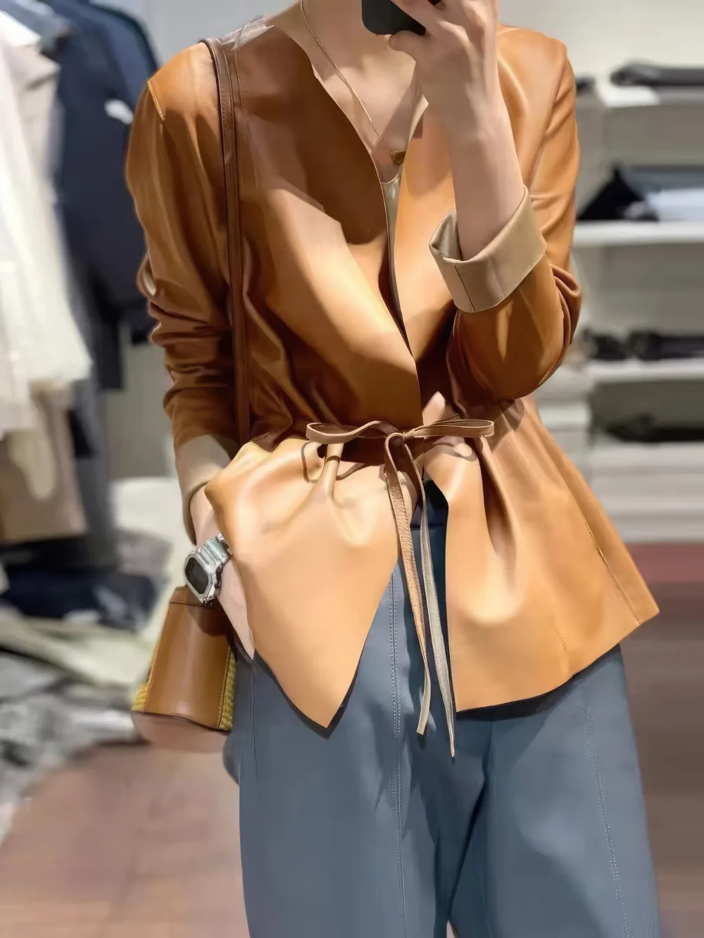 Womenâ€™s Sepia Brown Genuine Sheepskin Round Neck Casual European Streetwear Top Fashion Pleated Simple Classic Leather Coat