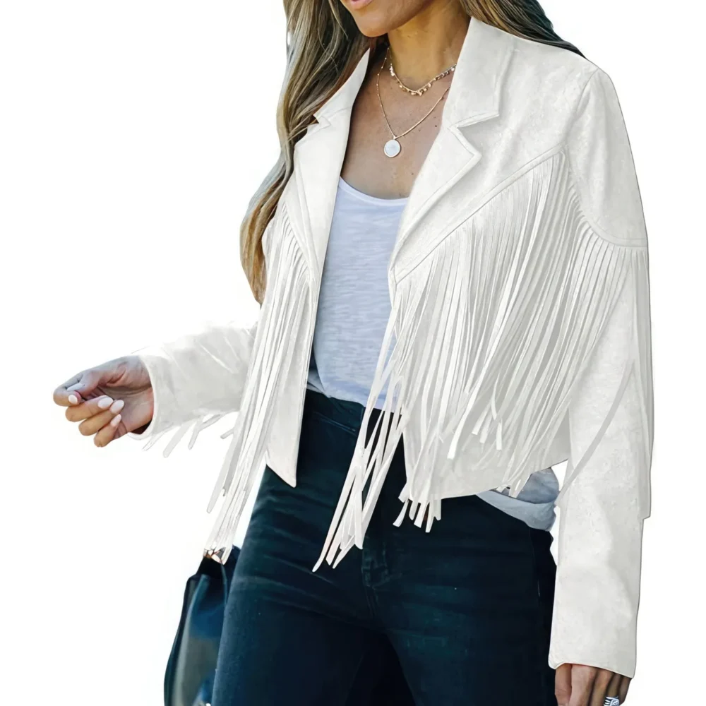 Womenâ€™s White Genuine Suede Tassel Lapel Long Sleeve Motor Biker Native American Vintage Cropped Leather Jacket
