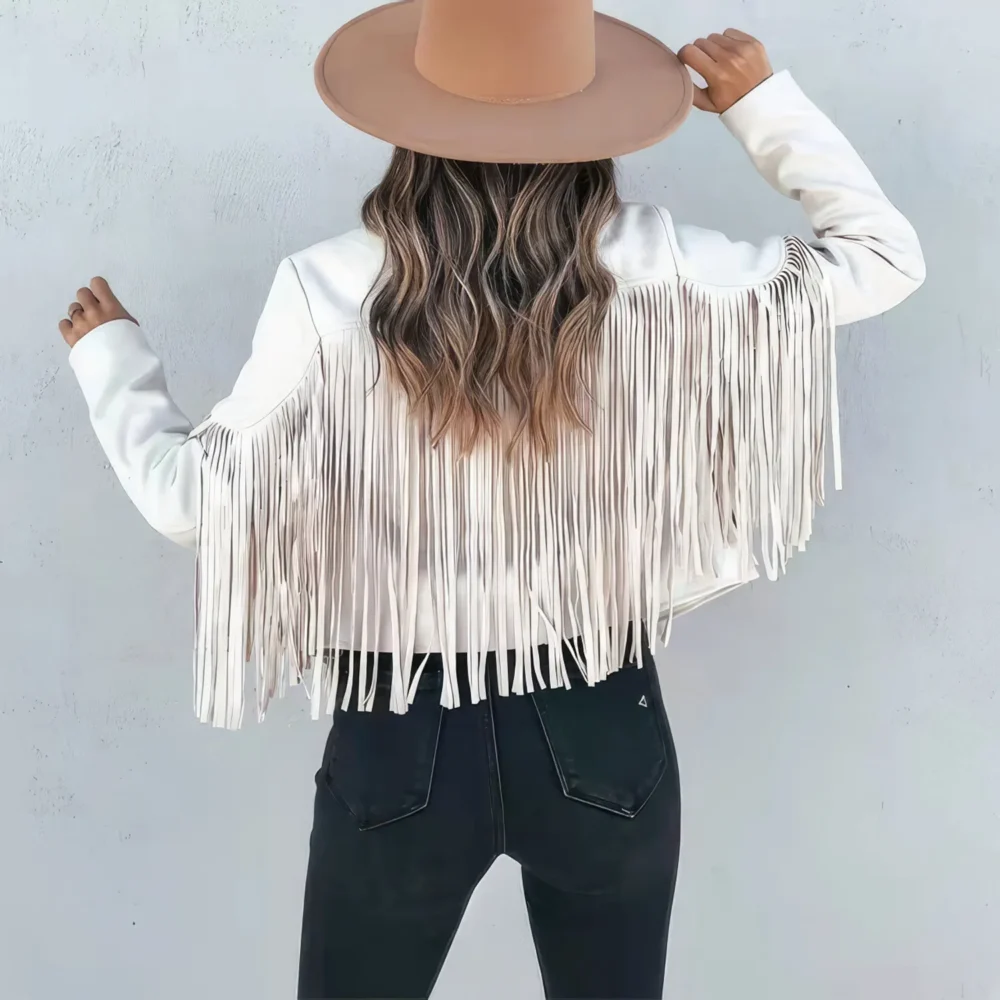 Womenâ€™s White Genuine Suede Tassel Lapel Long Sleeve Motor Biker Native American Vintage Cropped Leather Jacket - Image 2