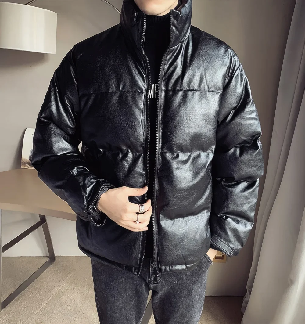 Menâ€™s Black Genuine Sheepskin Stand Collar Winter Warm Casual Baggy Style Padded Puffer Leather Jacket