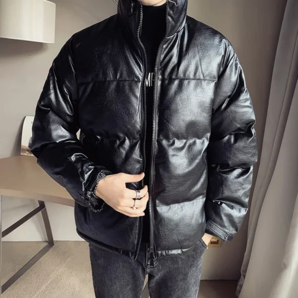 Menâ€™s Black Genuine Sheepskin Stand Collar Winter Warm Casual Baggy Style Padded Puffer Leather Jacket