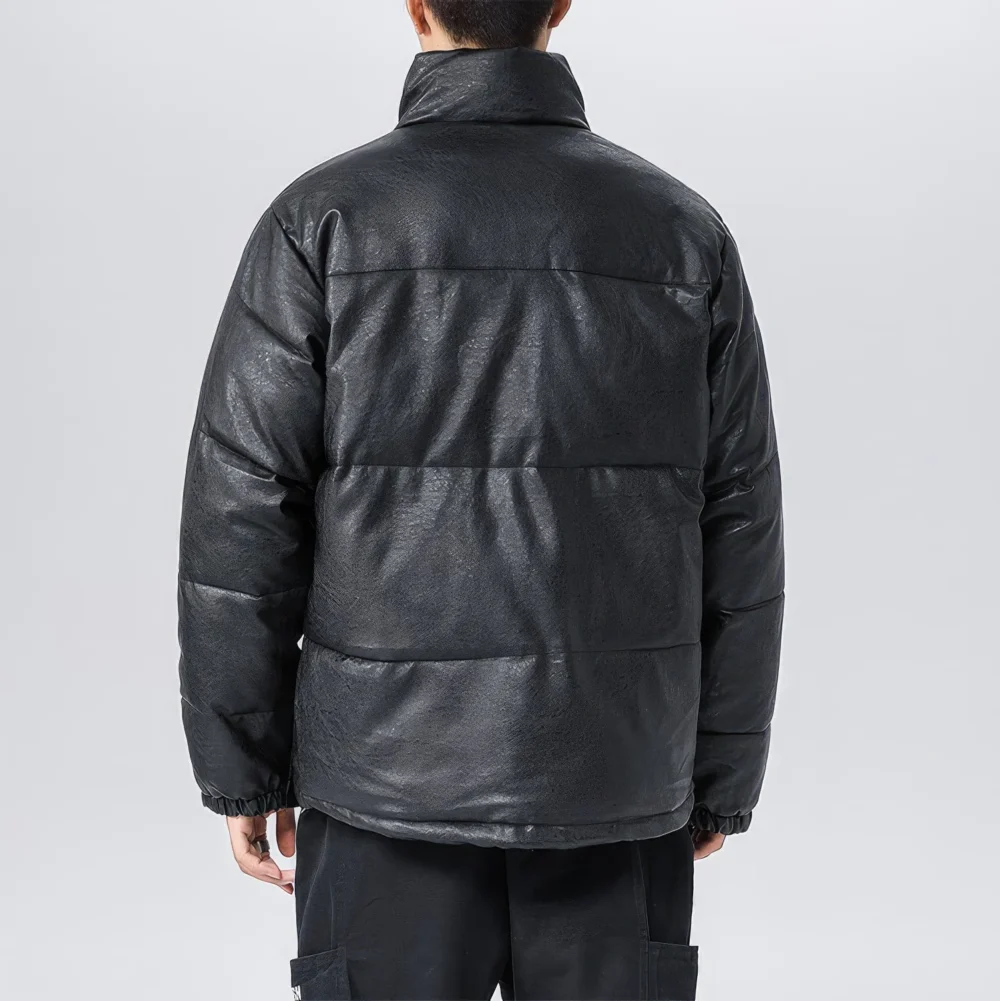 Menâ€™s Black Genuine Sheepskin Stand Collar Winter Warm Casual Baggy Style Padded Puffer Leather Jacket - Image 3