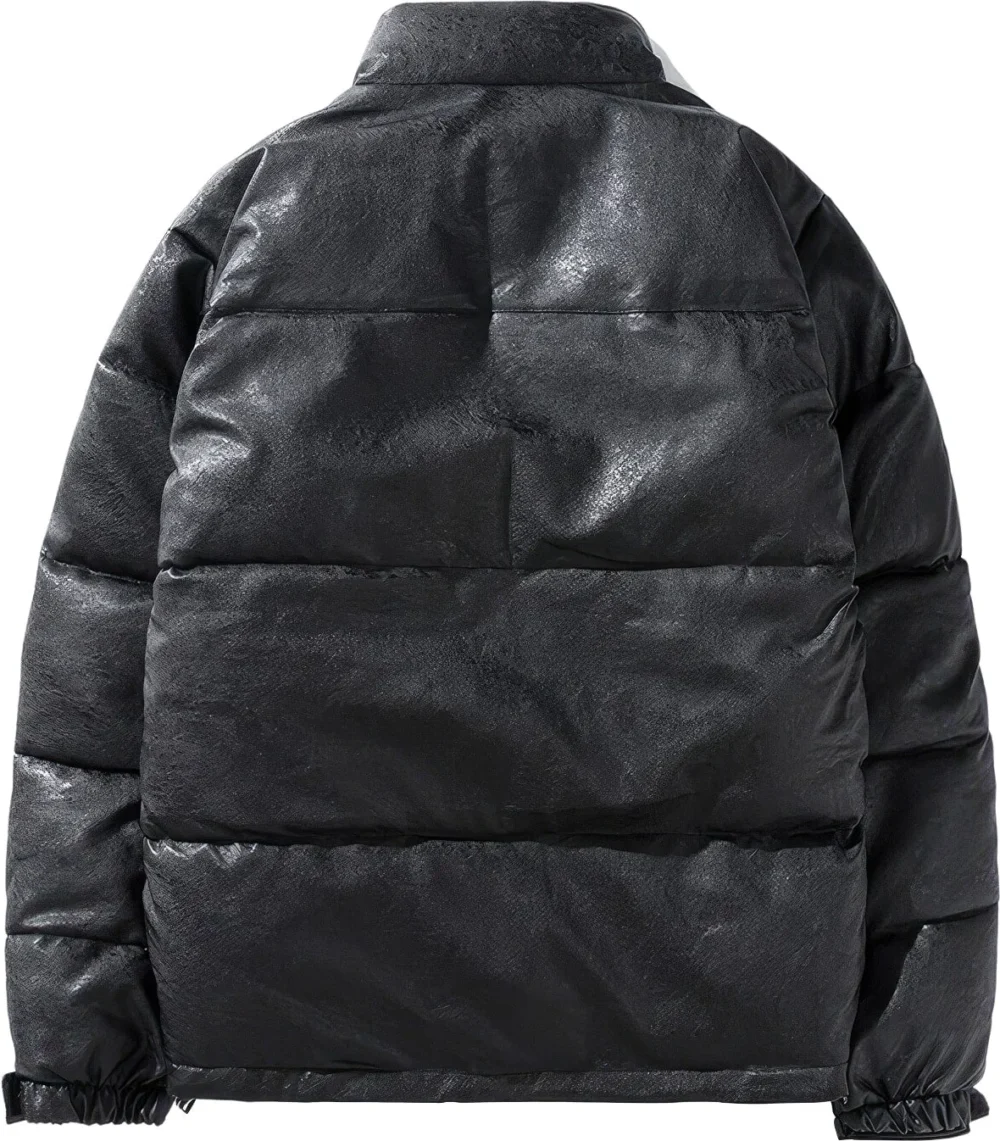 Menâ€™s Black Genuine Sheepskin Stand Collar Winter Warm Casual Baggy Style Padded Puffer Leather Jacket - Image 5