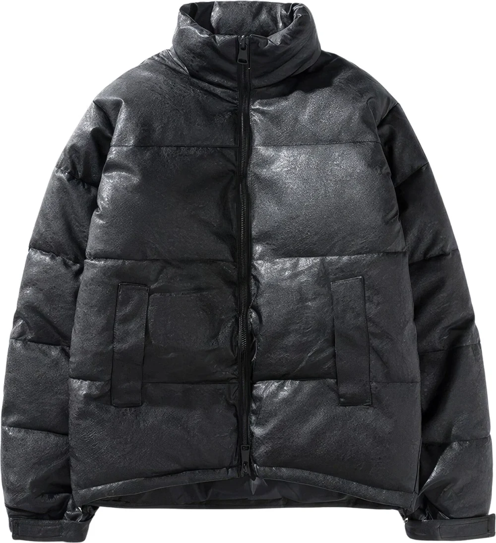 Menâ€™s Black Genuine Sheepskin Stand Collar Winter Warm Casual Baggy Style Padded Puffer Leather Jacket - Image 4