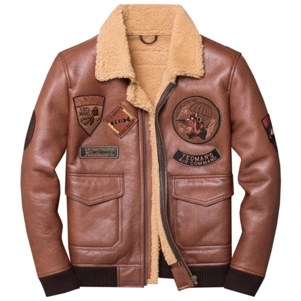 Menâ€™s A2 Aviator Brown Genuine Sheepskin Embroidery Patch Faux Fur Air Force Pilot Military Bomber Leather Jacket