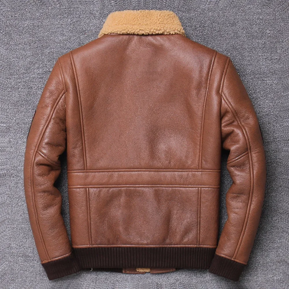 Menâ€™s A2 Aviator Brown Genuine Sheepskin Embroidery Patch Faux Fur Air Force Pilot Military Bomber Leather Jacket - Image 3
