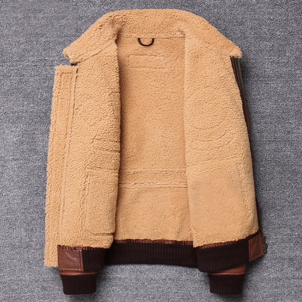 Menâ€™s A2 Aviator Brown Genuine Sheepskin Embroidery Patch Faux Fur Air Force Pilot Military Bomber Leather Jacket - Image 4