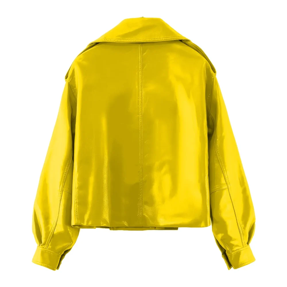Womenâ€™s Yellow Biker Genuine Sheepskin Lapel Collar Casual Loose Oversized High Street CafÃ© Racer Rider Smooth Lightweight Leather Jacket - Image 2