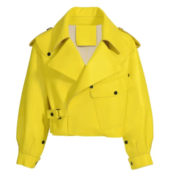 Womenâ€™s Yellow Biker Genuine Sheepskin Lapel Collar Casual Loose Oversized High Street CafÃ© Racer Rider Smooth Lightweight Leather Jacket