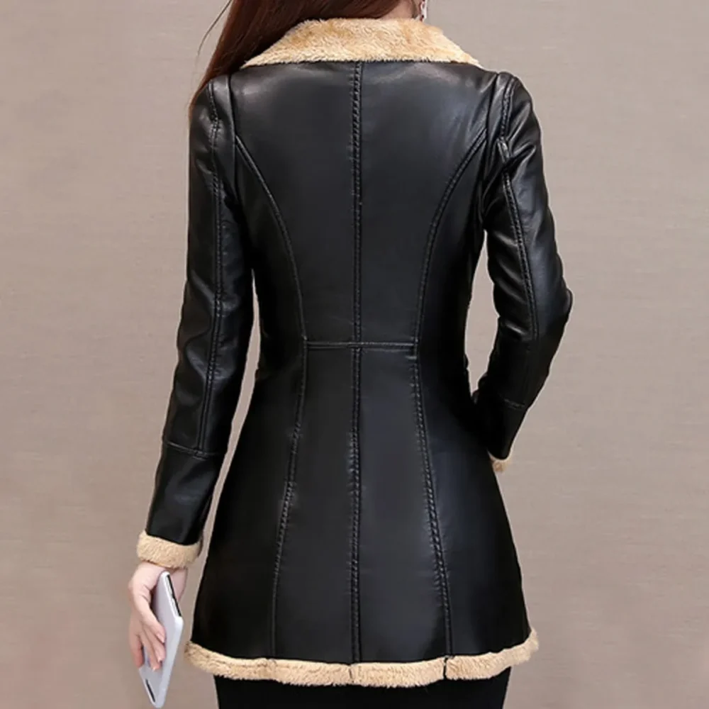 Womenâ€™s Black Genuine Sheepskin Lapel Collar Sherpa Shearling Faux Fur Lined Thick Warm Casual Classic Single Breasted Trench Style Leather Coat Jacket - Image 2