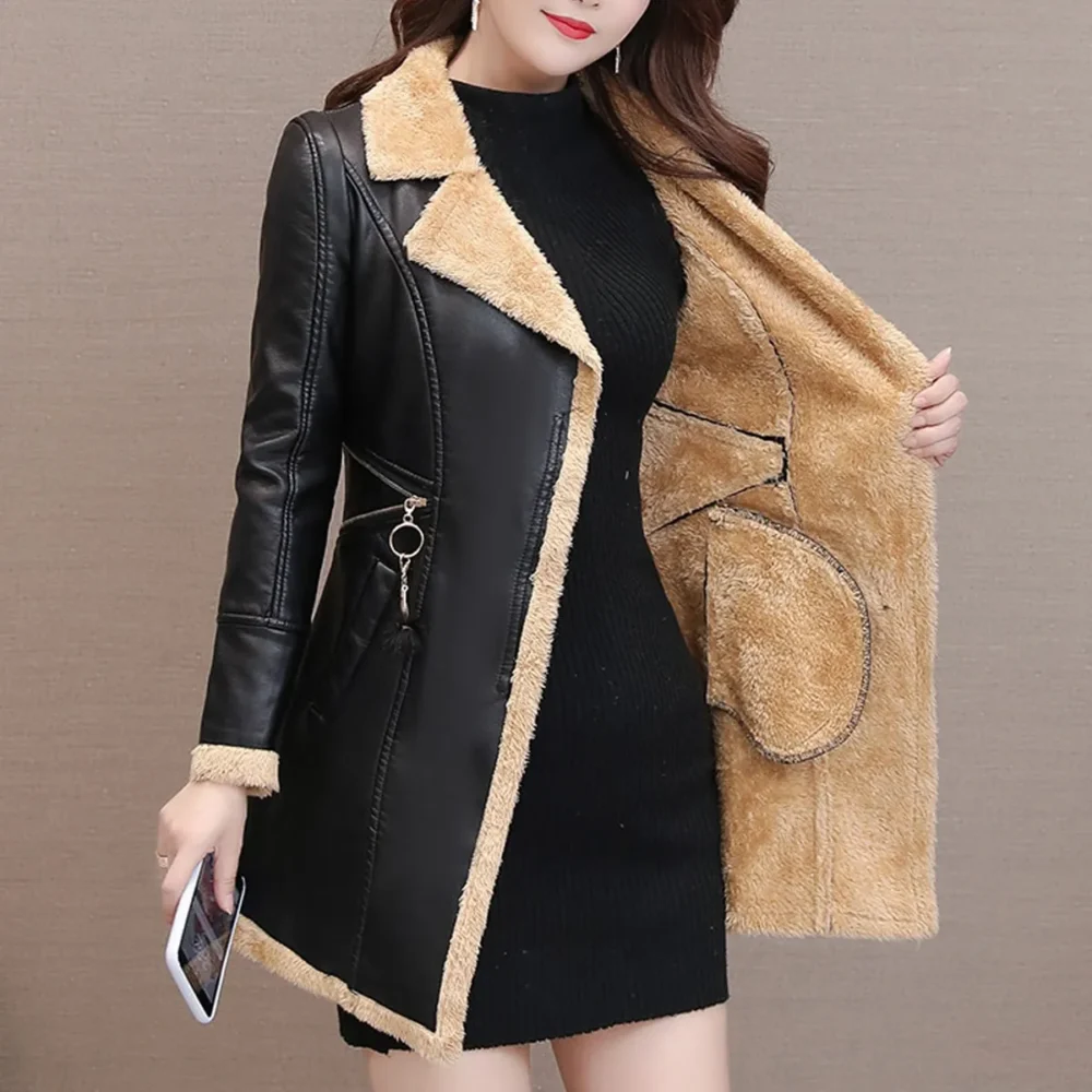 Womenâ€™s Black Genuine Sheepskin Lapel Collar Sherpa Shearling Faux Fur Lined Thick Warm Casual Classic Single Breasted Trench Style Leather Coat Jacket - Image 3