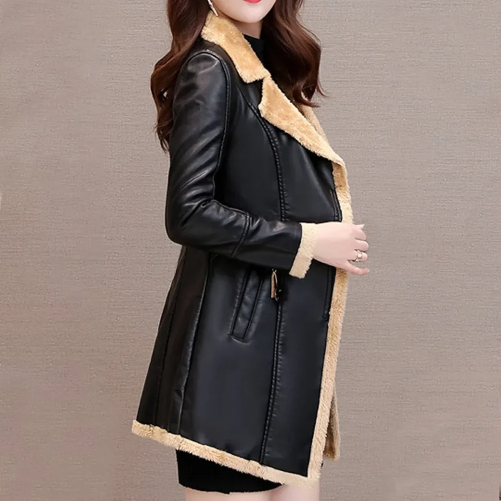 Womenâ€™s Black Genuine Sheepskin Lapel Collar Sherpa Shearling Faux Fur Lined Thick Warm Casual Classic Single Breasted Trench Style Leather Coat Jacket - Image 4