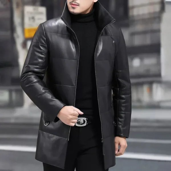 Menâ€™s Black Genuine Sheepskin Detachable Sherpa Shearling Faux Fur Lined Business Thick Warm Slim Fit Padded Leather Puffer Jacket