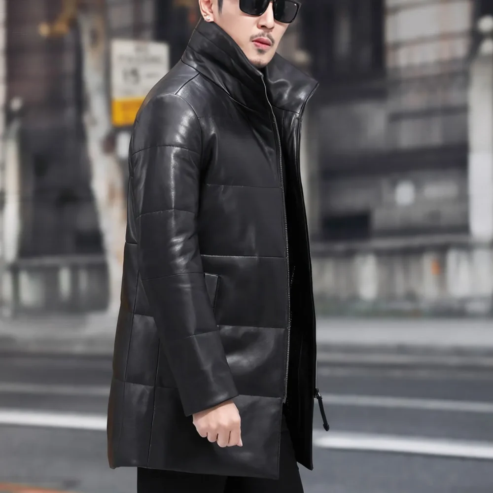 Menâ€™s Black Genuine Sheepskin Detachable Sherpa Shearling Faux Fur Lined Business Thick Warm Slim Fit Padded Leather Puffer Jacket - Image 2