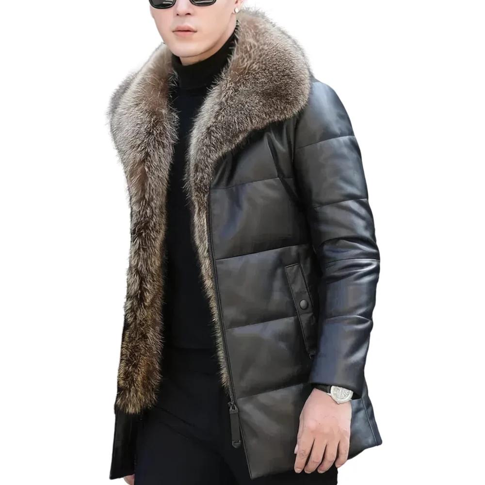 Menâ€™s Black Genuine Sheepskin Detachable Sherpa Shearling Faux Fur Lined Business Thick Warm Slim Fit Padded Leather Puffer Jacket - Image 3