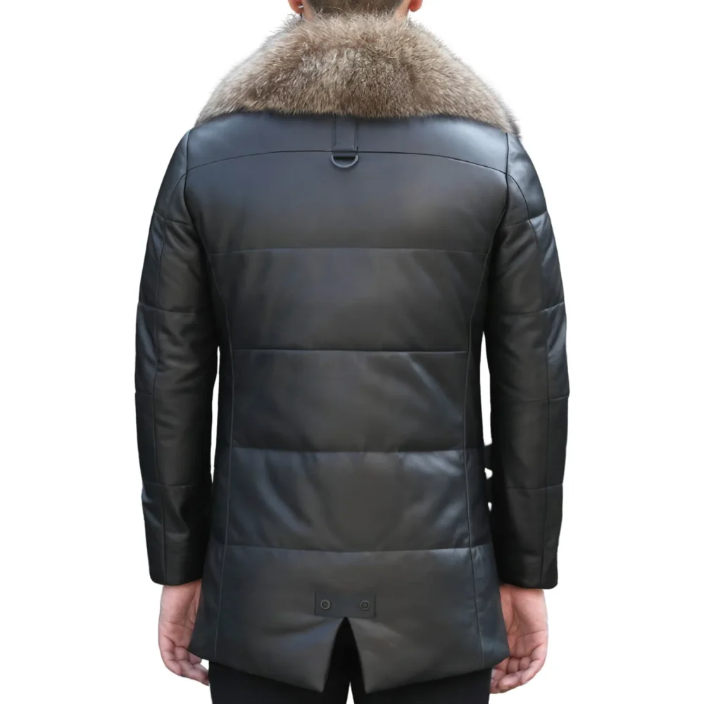 Menâ€™s Black Genuine Sheepskin Detachable Sherpa Shearling Faux Fur Lined Business Thick Warm Slim Fit Padded Leather Puffer Jacket - Image 5