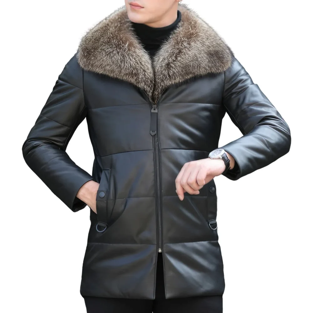 Menâ€™s Black Genuine Sheepskin Detachable Sherpa Shearling Faux Fur Lined Business Thick Warm Slim Fit Padded Leather Puffer Jacket - Image 4