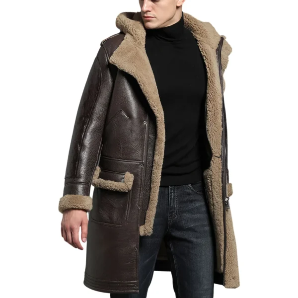 Menâ€™s Brown Genuine Sheepskin Sherpa Shearling Faux Fur Lines Hooded Winter Warm Thick Retro Uniform Military Leather Coat
