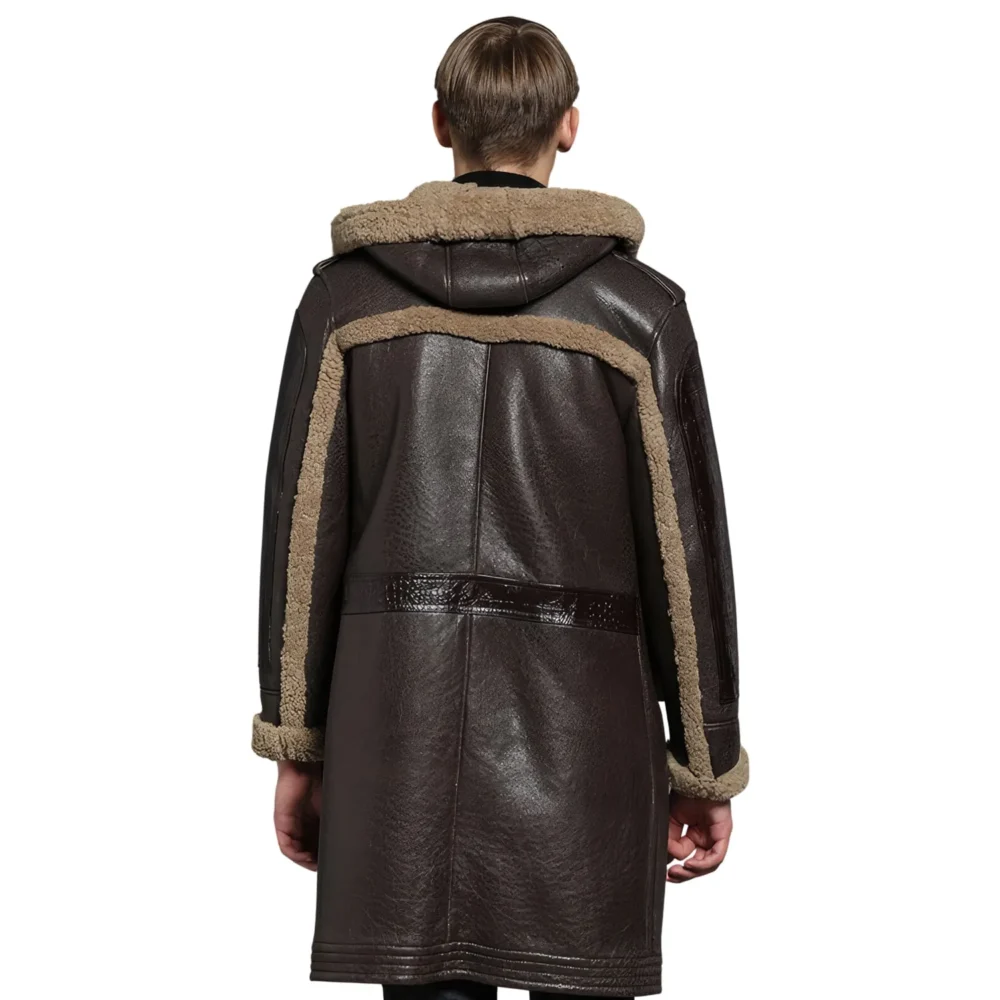 Menâ€™s Brown Genuine Sheepskin Sherpa Shearling Faux Fur Lines Hooded Winter Warm Thick Retro Uniform Military Leather Coat - Image 2