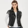 Womenâ€™s Black Genuine Sheepskin Vest Tassels Sleeveless Sporty Moto Rider Mid-Western Slim Fit Fringe Leather Waistcoat