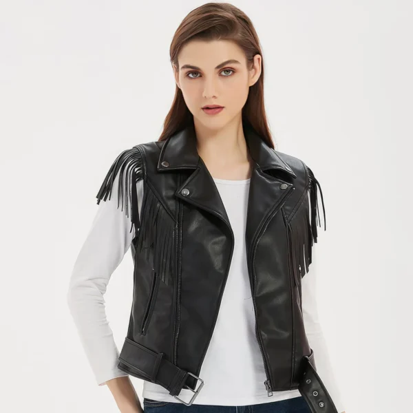 Womenâ€™s Black Genuine Sheepskin Vest Tassels Sleeveless Sporty Moto Rider Mid-Western Slim Fit Fringe Leather Waistcoat