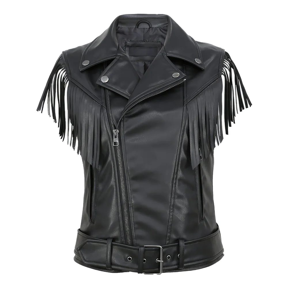 Womenâ€™s Black Genuine Sheepskin Vest Tassels Sleeveless Sporty Moto Rider Mid-Western Slim Fit Fringe Leather Waistcoat - Image 6