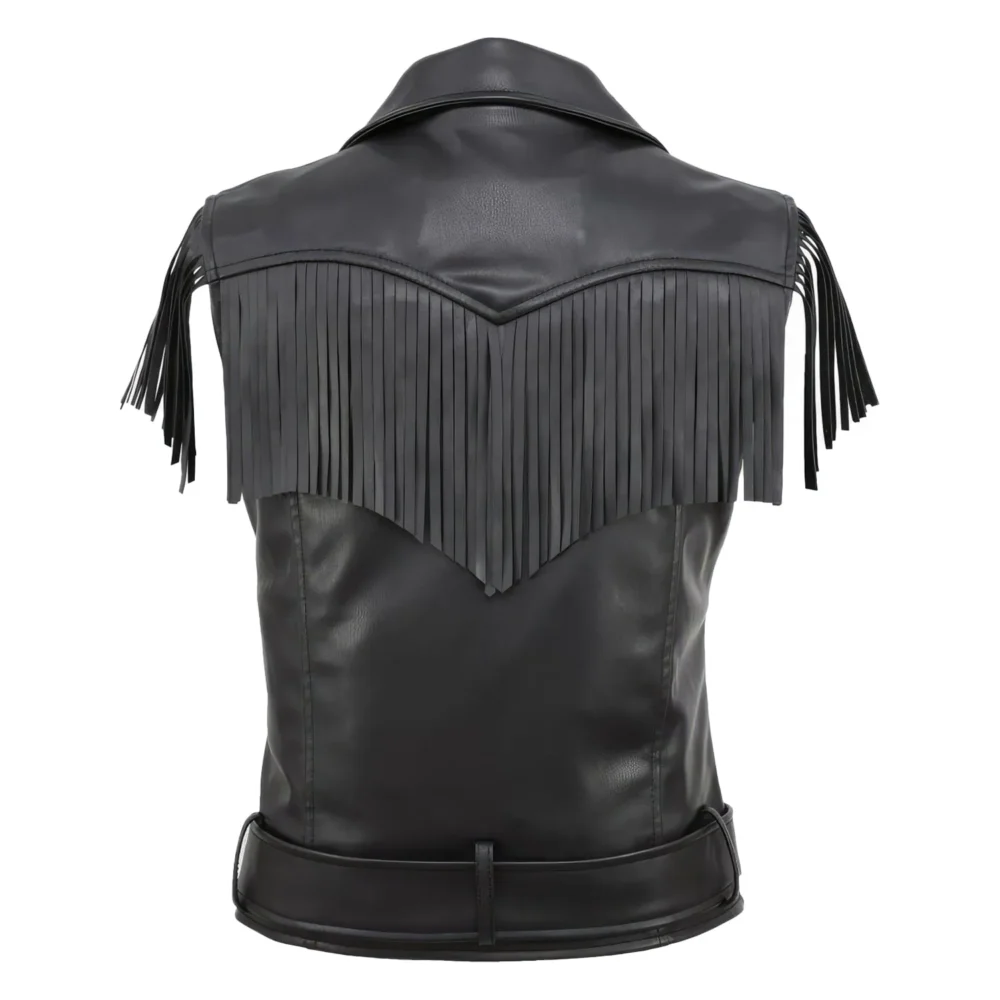 Womenâ€™s Black Genuine Sheepskin Vest Tassels Sleeveless Sporty Moto Rider Mid-Western Slim Fit Fringe Leather Waistcoat - Image 7
