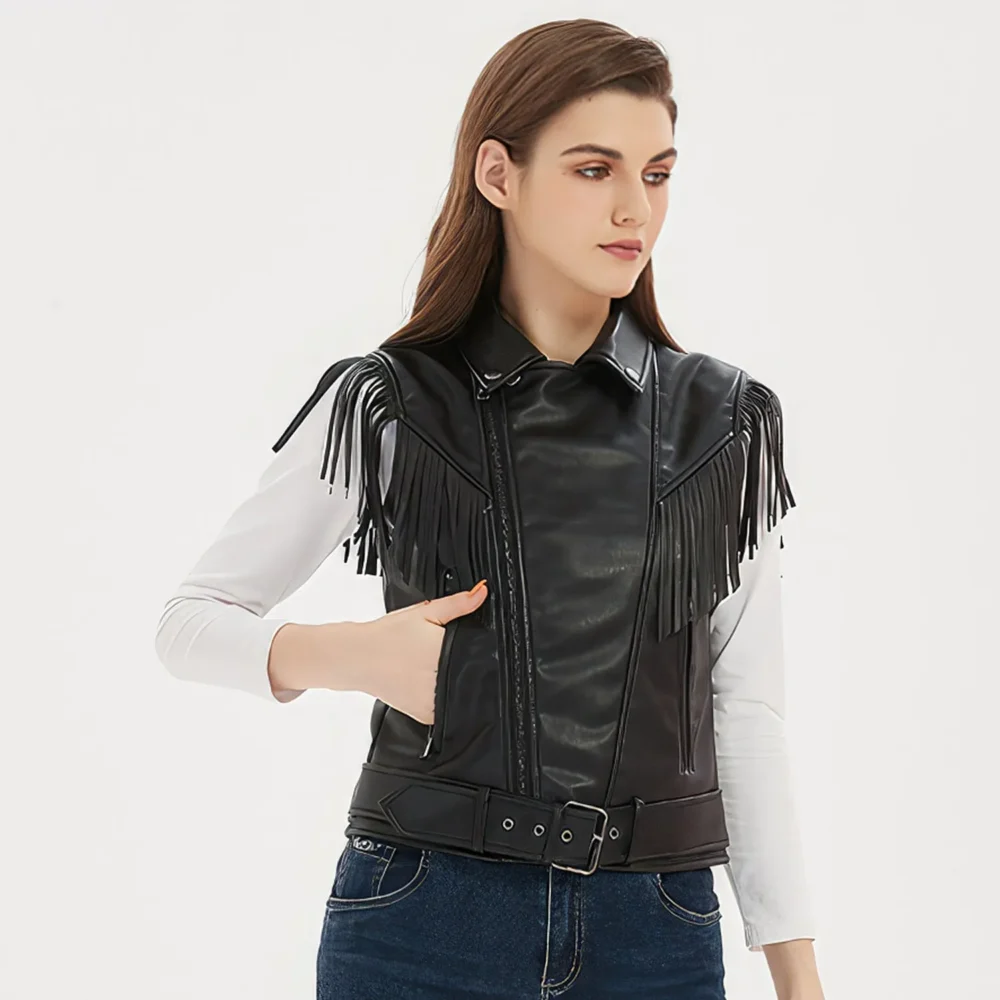 Womenâ€™s Black Genuine Sheepskin Vest Tassels Sleeveless Sporty Moto Rider Mid-Western Slim Fit Fringe Leather Waistcoat - Image 2