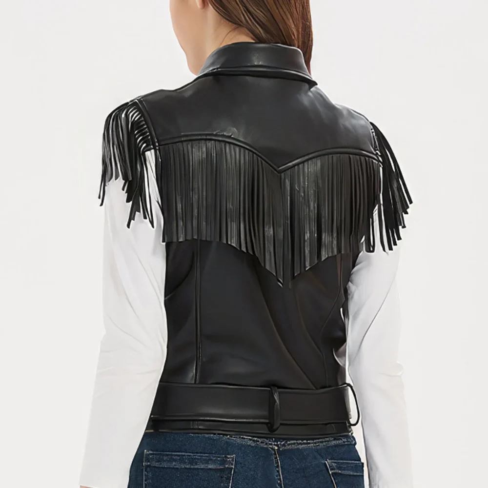 Womenâ€™s Black Genuine Sheepskin Vest Tassels Sleeveless Sporty Moto Rider Mid-Western Slim Fit Fringe Leather Waistcoat - Image 5