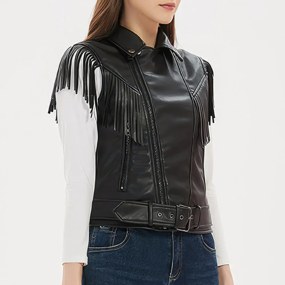 Womenâ€™s Black Genuine Sheepskin Vest Tassels Sleeveless Sporty Moto Rider Mid-Western Slim Fit Fringe Leather Waistcoat - Image 3