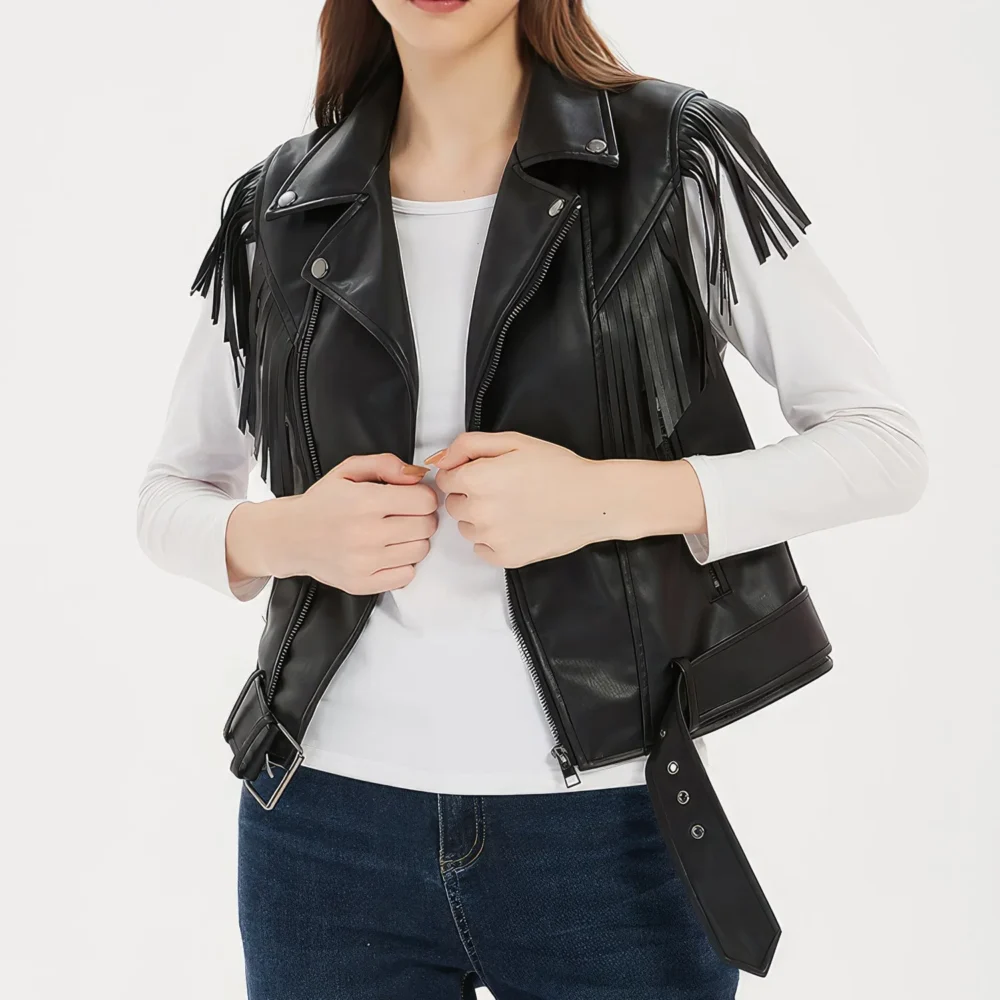 Womenâ€™s Black Genuine Sheepskin Vest Tassels Sleeveless Sporty Moto Rider Mid-Western Slim Fit Fringe Leather Waistcoat - Image 4
