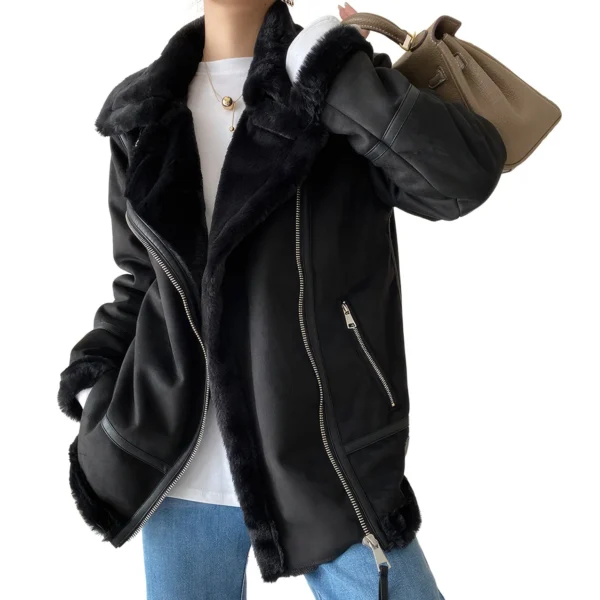 Womenâ€™s Black Genuine Suede Sherpa Shearling Faux Fur Lined High Street Moto Biker Winter Warn Thick Loose Leather Jacket
