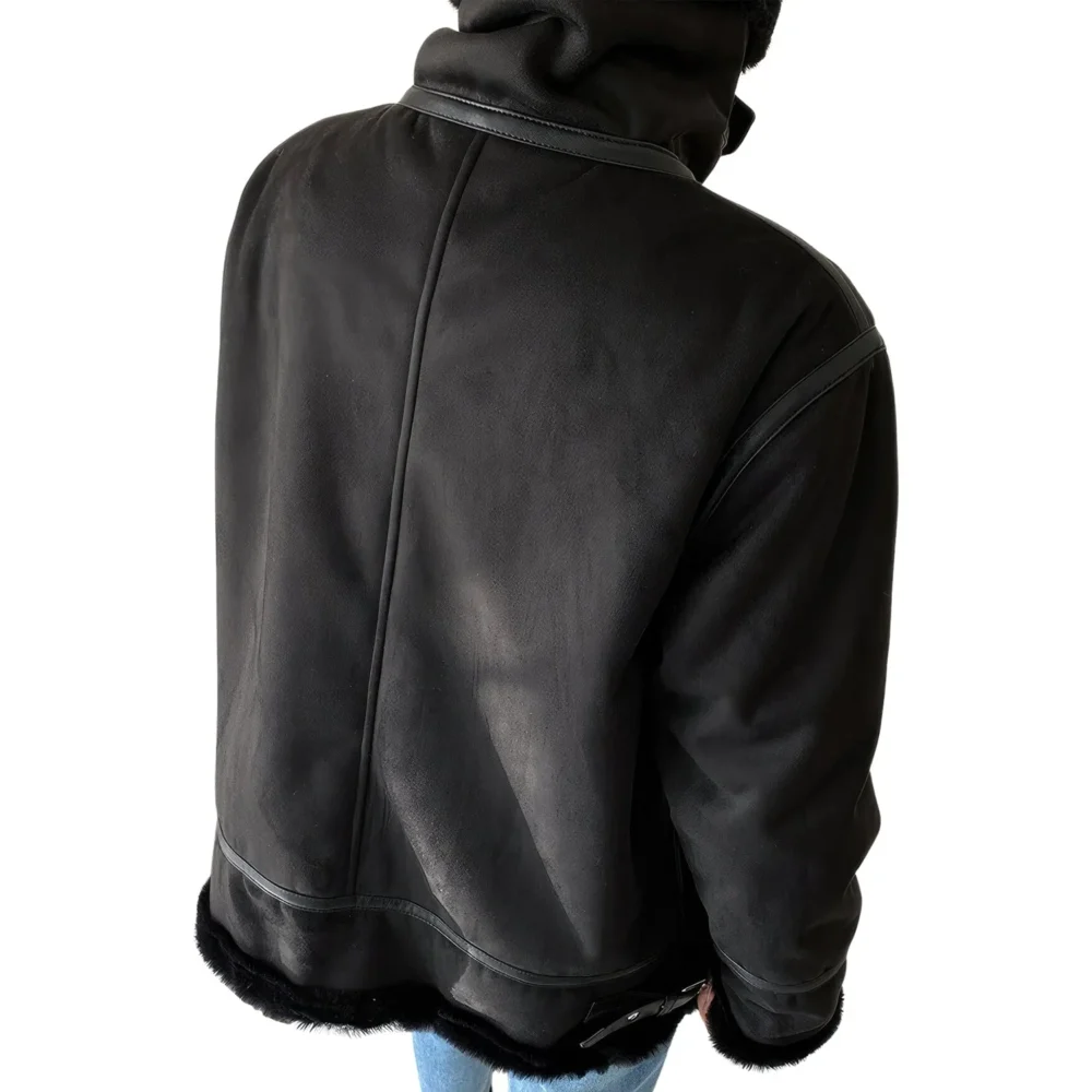 Womenâ€™s Black Genuine Suede Sherpa Shearling Faux Fur Lined High Street Moto Biker Winter Warn Thick Loose Leather Jacket - Image 2