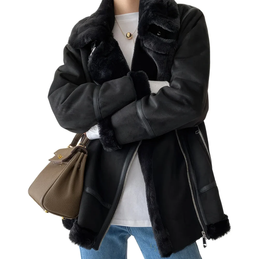 Womenâ€™s Black Genuine Suede Sherpa Shearling Faux Fur Lined High Street Moto Biker Winter Warn Thick Loose Leather Jacket - Image 3
