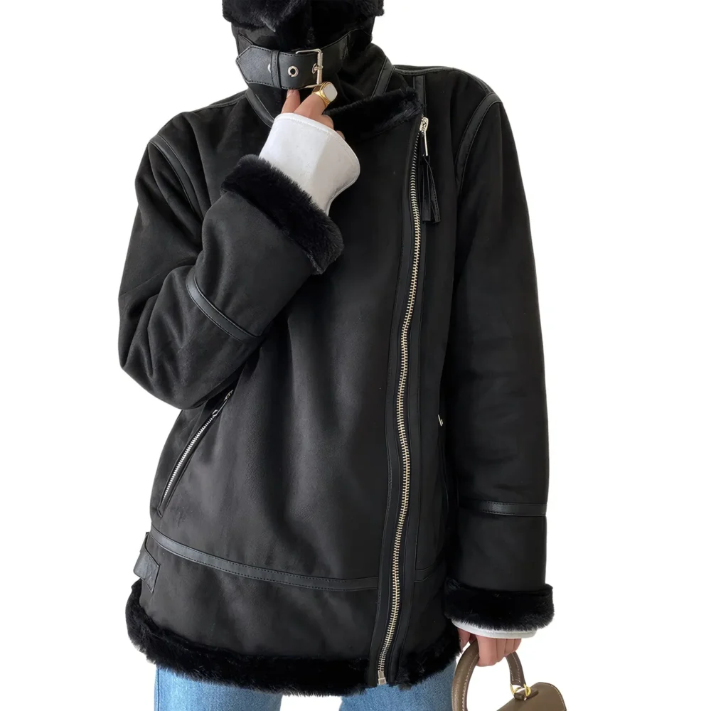 Womenâ€™s Black Genuine Suede Sherpa Shearling Faux Fur Lined High Street Moto Biker Winter Warn Thick Loose Leather Jacket - Image 4