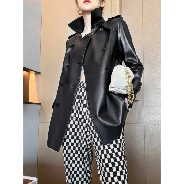 Womenâ€™s Black Genuine Sheepskin Double Breasted British Style Smooth Office Outfit Fashionable Belted Leather Trench Coat