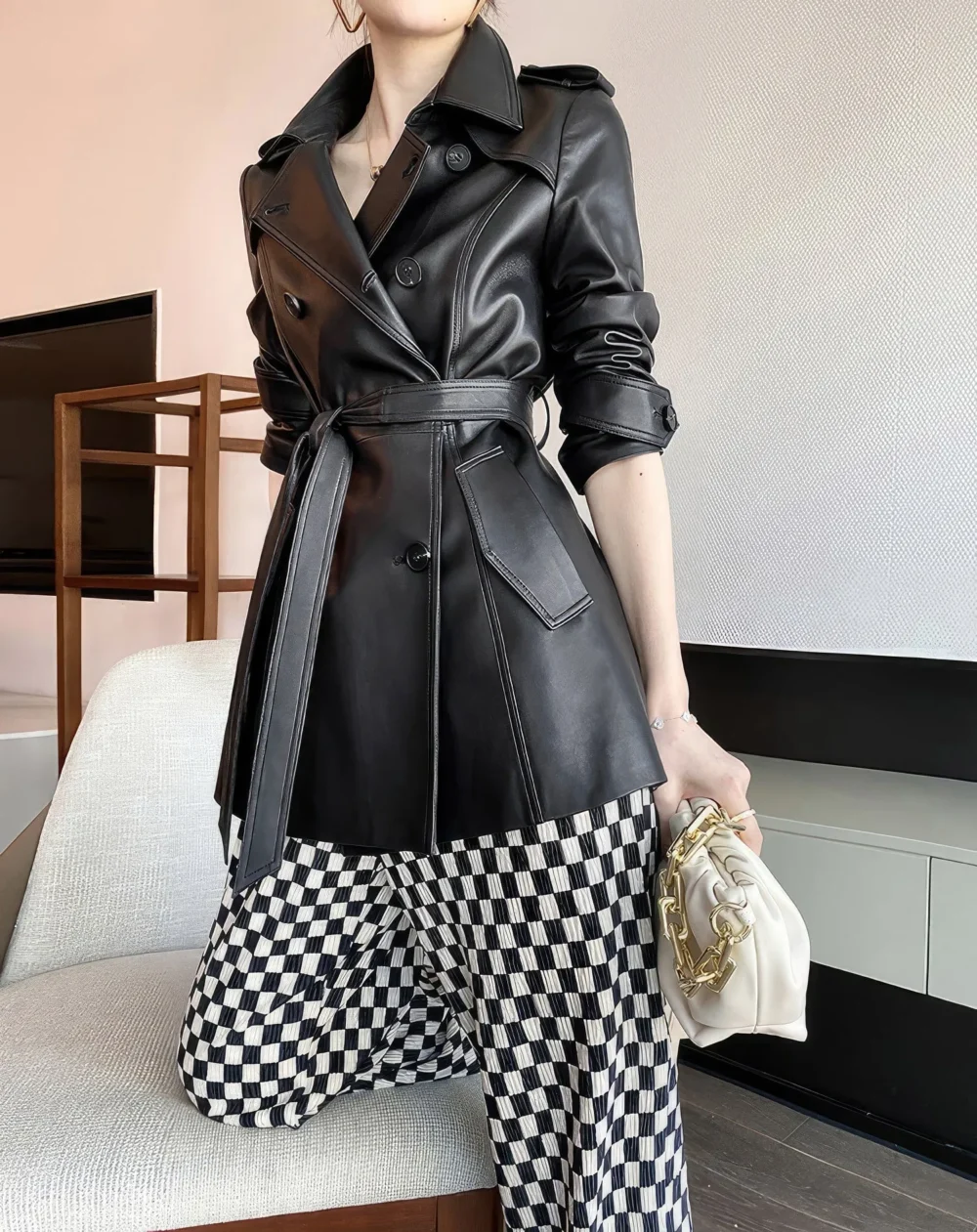 Womenâ€™s Black Genuine Sheepskin Double Breasted British Style Smooth Office Outfit Fashionable Belted Leather Trench Coat - Image 2