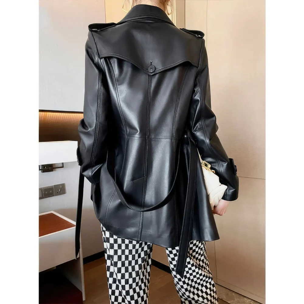 Womenâ€™s Black Genuine Sheepskin Double Breasted British Style Smooth Office Outfit Fashionable Belted Leather Trench Coat - Image 4