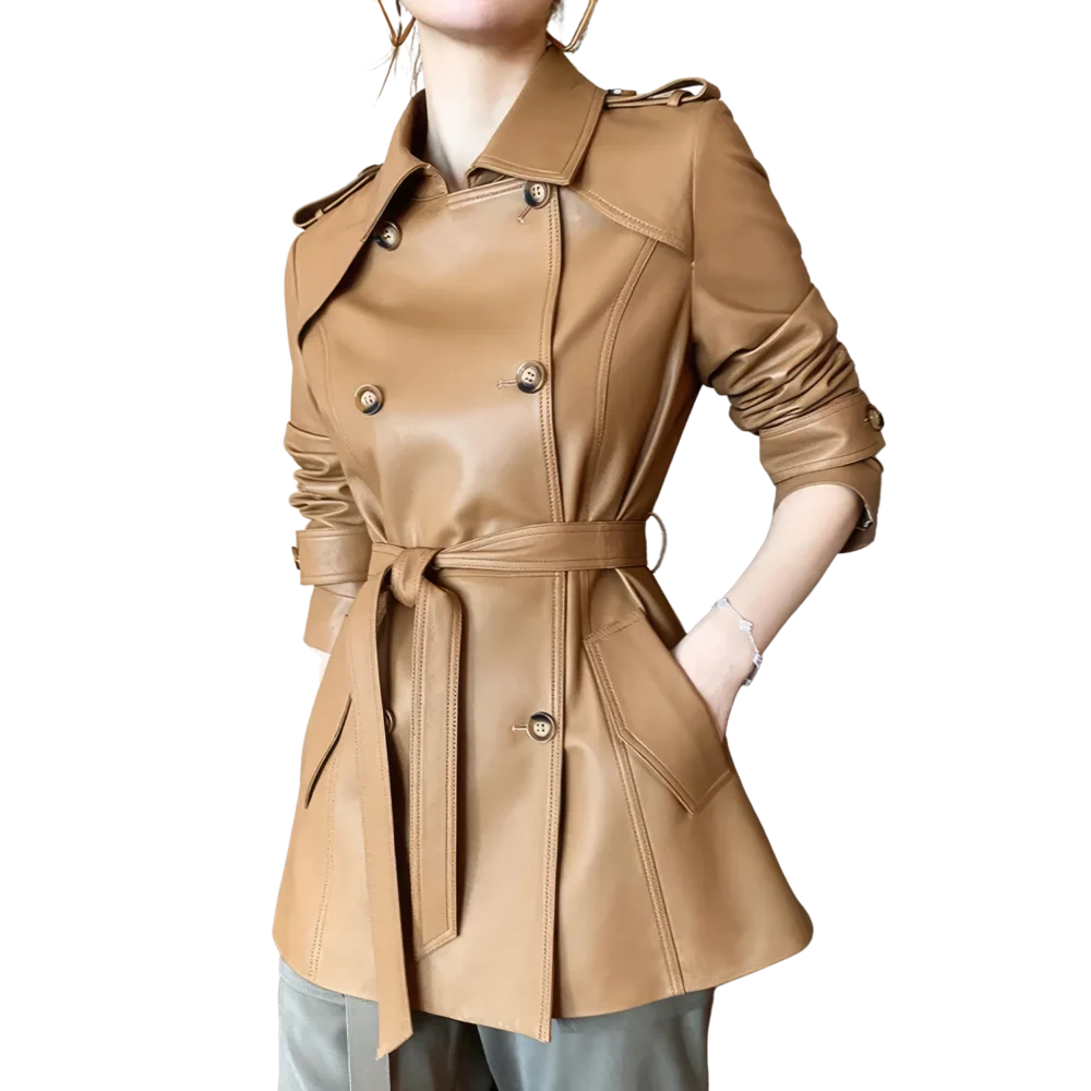 Womenâ€™s Coffee Brown Genuine Sheepskin Lapel Collar Business Fashion Double Breasted Belted Leather Trench Coat