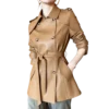 Womenâ€™s Coffee Brown Genuine Sheepskin Lapel Collar Business Fashion Double Breasted Belted Leather Trench Coat