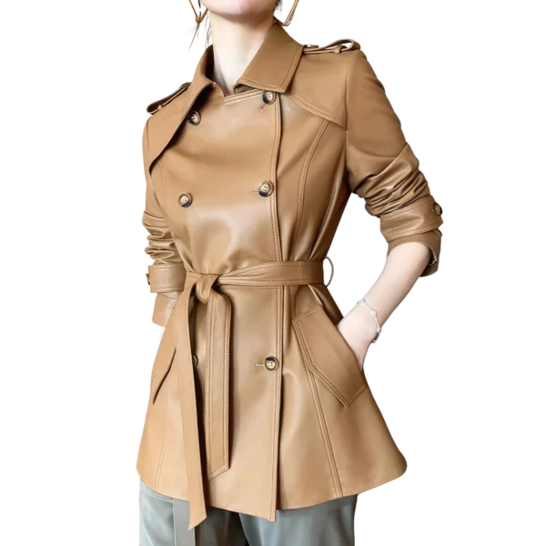 Womenâ€™s Coffee Brown Genuine Sheepskin Lapel Collar Business Fashion Double Breasted Belted Leather Trench Coat