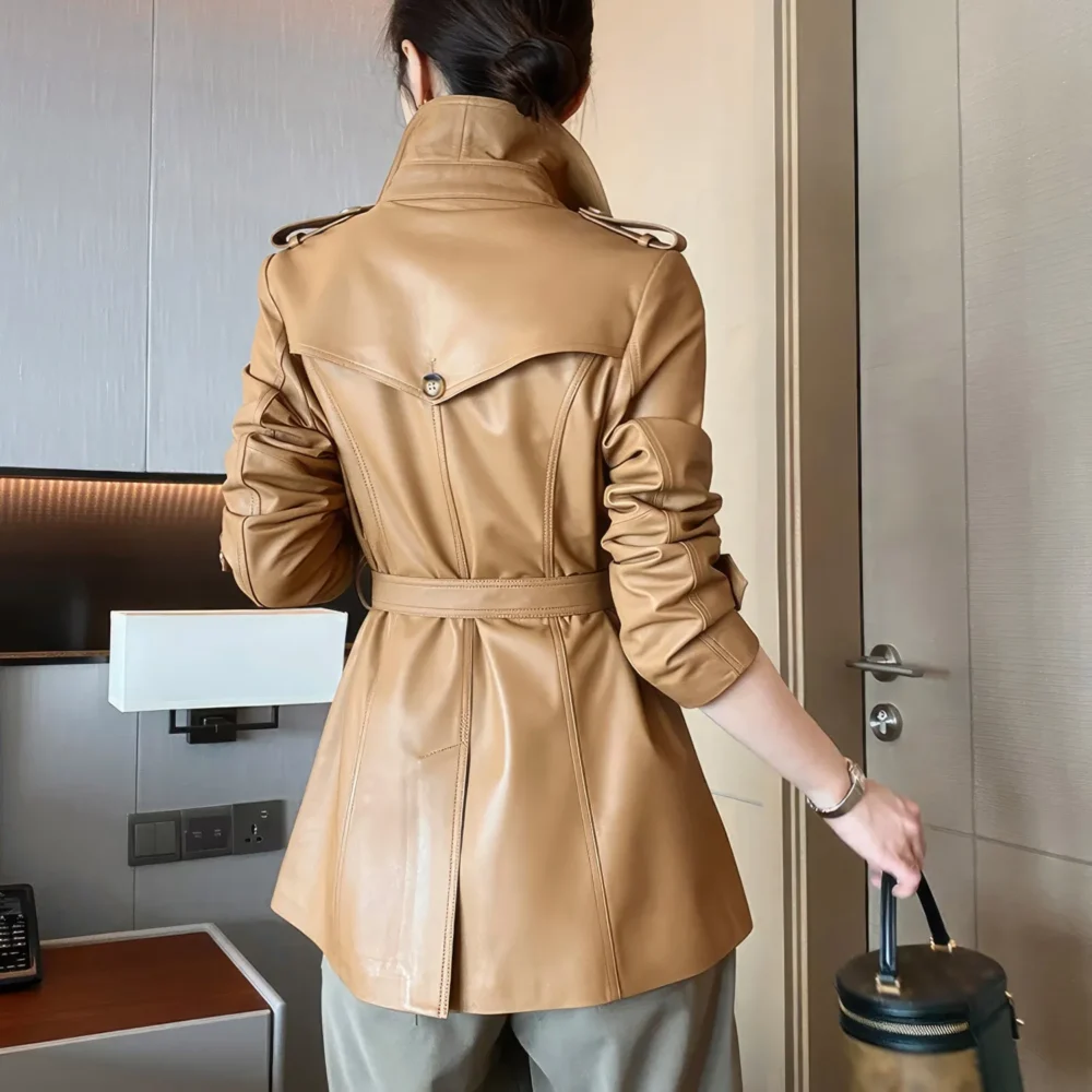 Womenâ€™s Coffee Brown Genuine Sheepskin Lapel Collar Business Fashion Double Breasted Belted Leather Trench Coat - Image 2